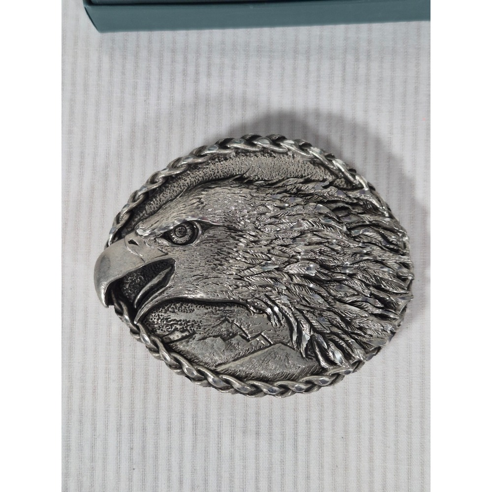 Vintage 1993 EGE Bald Eagle Belt Buckle Pewter Diamond Cut USA Western Mountain